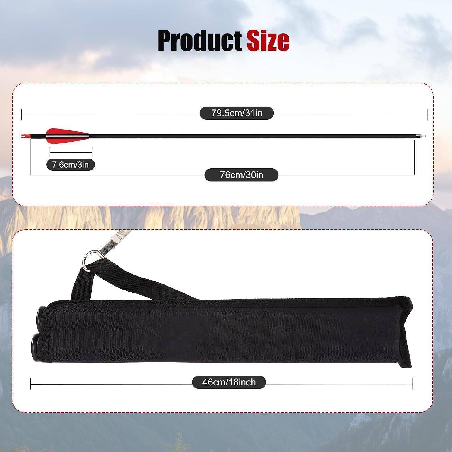 Produktgrößen-Diagramm mit einem schwarzen Teleskopstab, vollständig ausgefahren 79,5 cm/31 Zoll, Schaftlänge 76 cm/30 Zoll, Griff 7,6 cm/3 Zoll, und eine Tragetasche 46 cm/18 Zoll lang.