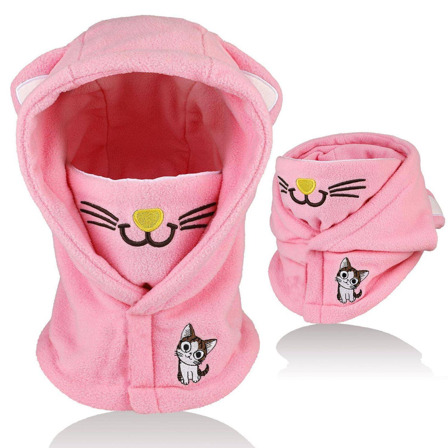 Rosa katzenthematiger Kapuzen-Hausmantel für Haustiere, offen und gefaltet abgebildet, mit gestickten Schnurrhaaren, Nase und einem kleinen Kätzchen-Patch.