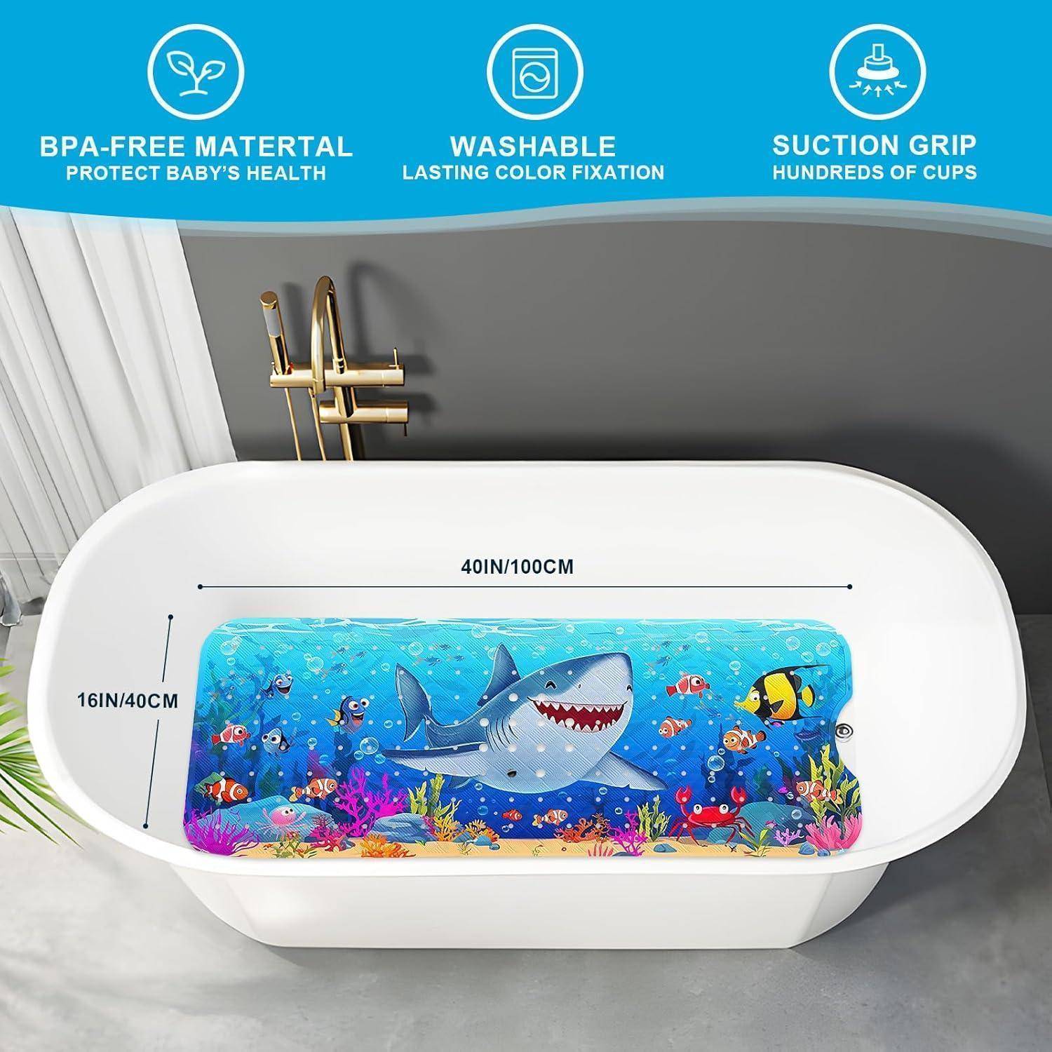 Weiße Babybadewanne mit buntem Hai- und Fischunterwasser-Design; gekennzeichnet als BPA-frei, waschbar und mit Sauggriff; Größe 40x16 Zoll.