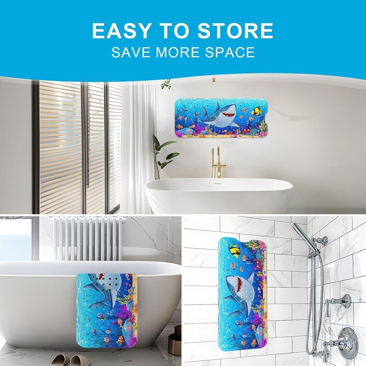 Badezimmer und Dusche mit blauen haifisch-thematierten Aufbewahrungsmatten, die auf der Badewanne, der Wand und dem Duschboden gezeigt werden; der Text lautet „LEICHT ZU LAGERN