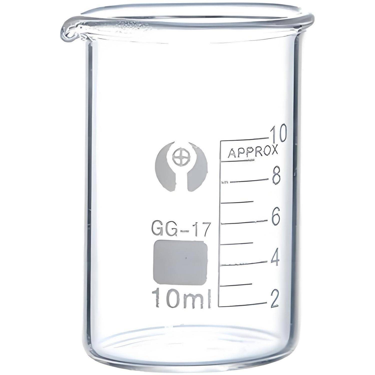 Klares 10-ml-Becherglas mit Graduierungsmarken, die mit „APPROX