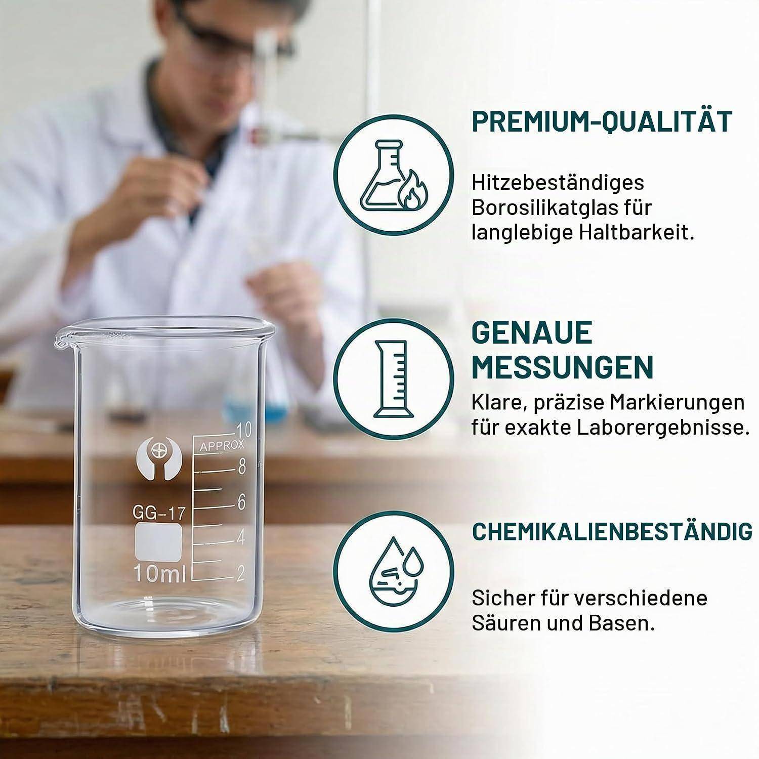 Laborbehälter auf einem Tisch mit deutschem Werbetext, der Premium-Qualität, präzise Messwerte und Chemikalienbeständigkeit hervorhebt.