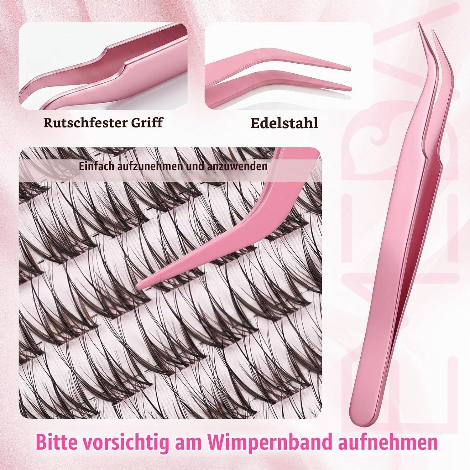 Rosa Edelstahl-Wimpernverlängerungspinzetten mit rutschfestem Griff und instruktive Nahaufnahme zeigt präzise Wimpernaufnahme; deutscher Text sagt, den Griff vorsichtig auf dem Wimpernband halten.