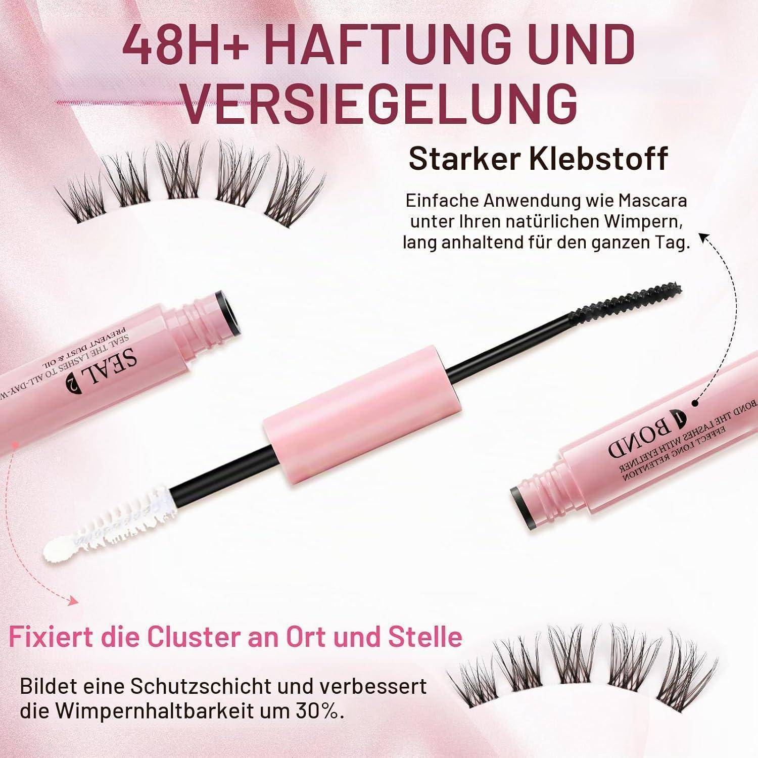 Werbegrafik für Wimpernversiegelungsleim mit Tuben, Mascara-Bürste und Wimpernbüscheln; Text besagt „48H+ Haftung und Versiegelung