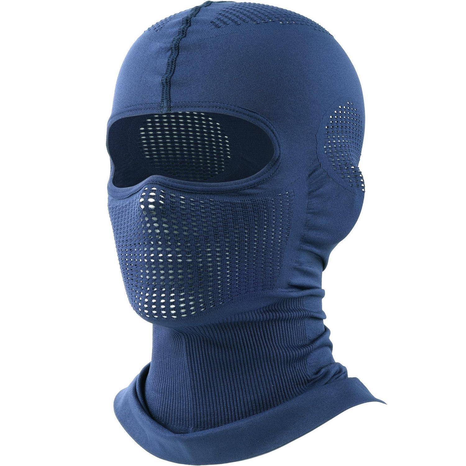 Blaue Sturmhaube mit vollständiger Gesichtsbedeckung, Augenöffnung und Mesh-Belüftung, auf weißem Hintergrund dargestellt.