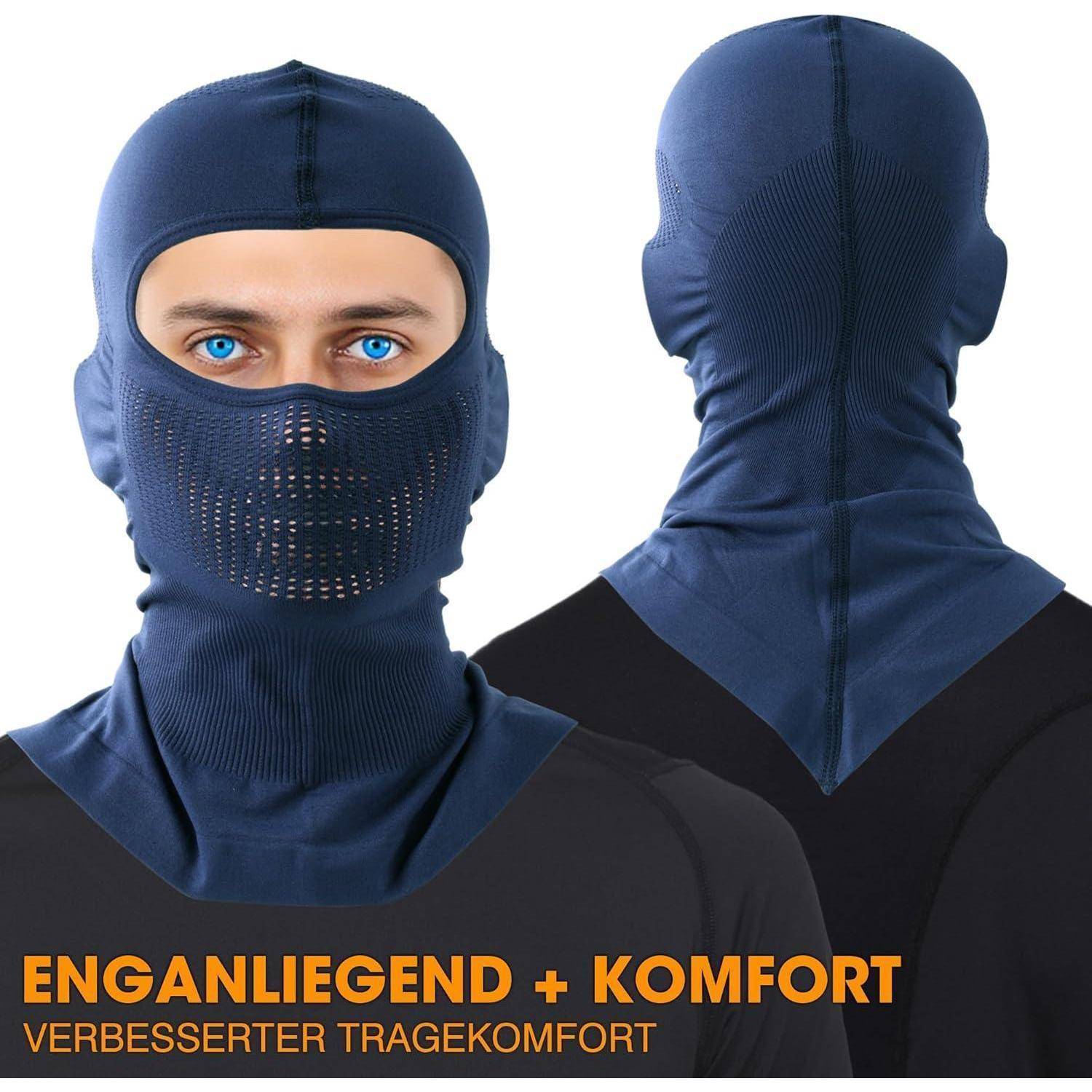 Zwei Ansichten einer Marine-Sturmhaube auf einem Modell, die die Vorder- und Rückabdeckung zeigen; deutscher Text lautet „ENGANLIEGEND + KOMFORT