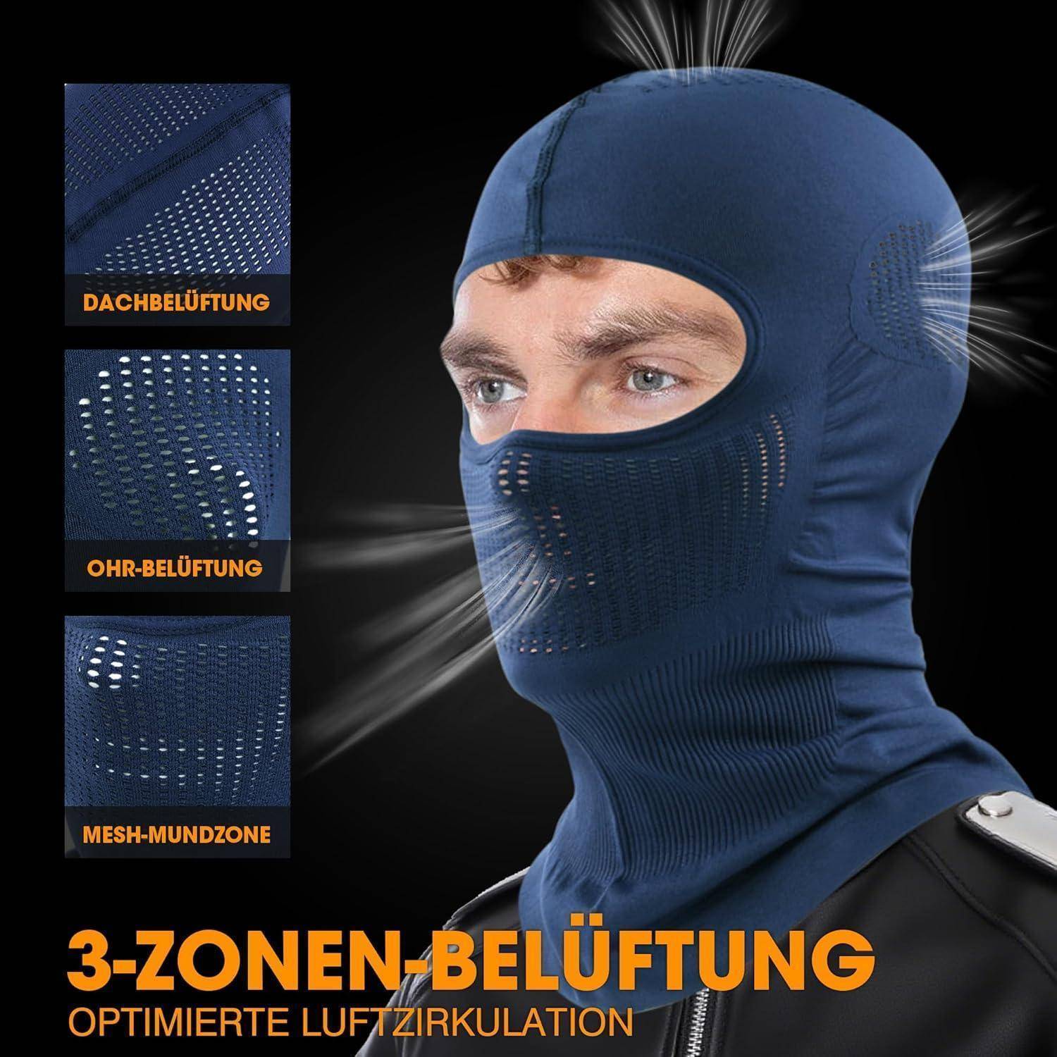 Blaue Ski-Sturmhaube mit 3-Zonen-Belüftung; Nahaufnahme eines Mannes, der sie trägt, mit Beschriftungen für "DACHBELÜFTUNG"", ""OHR-BELÜFTUNG"" und ""MESH-MUNDZONE"", plus Text ""3-ZONEN-BELÜFTUNG"" und ""OPTIMIERTE LUFTZIRKULATION"".