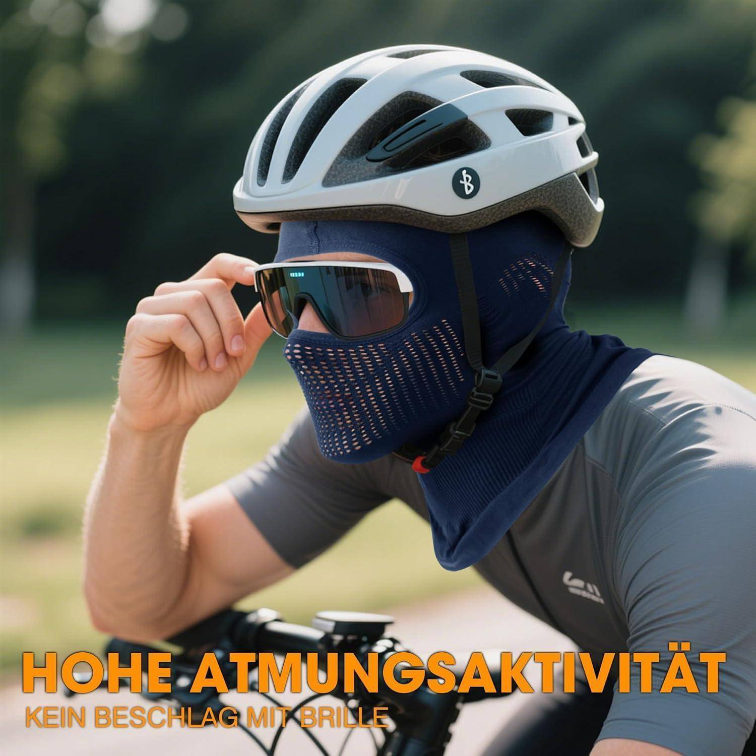 Radfahrer passt Sonnenbrille an, während er einen Helm und eine Gesichtsmaske trägt; Deutscher Text lautet „HOHE ATMUNGSAKTIVITÄT" und „KEINE BESCHLAGUNG MIT BRILLE"".