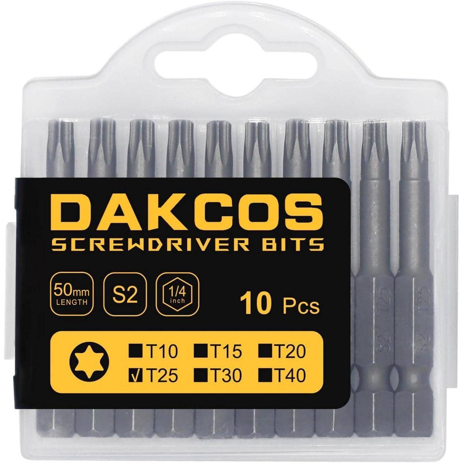 Packung von DAKCOS Schraubendreherbits in einem transparenten Kunststoffgehäuse, beschriftet mit „S2