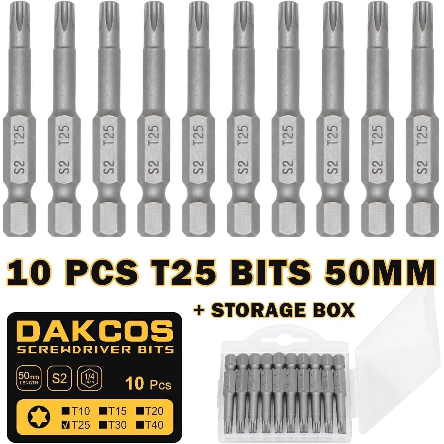 DAKCOS T25 Bit lang, Torx Bit T25, Bit-Sortiment aus S2 (Länge: 50 mm, 10 Stück) T25-Bit Box