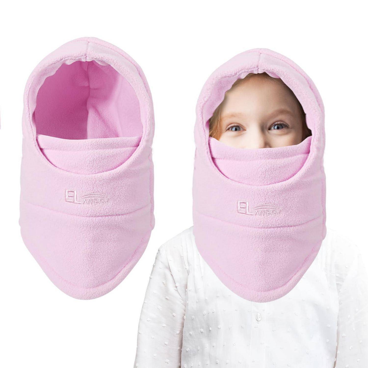 Rosa Gesichts- und Nackenabdeckung mit Kapuze, gezeigt an einem Kind, mit vorderer Öffnung, die Augen und Nase freilegt; Produkt neben getragenes Beispiel dargestellt.