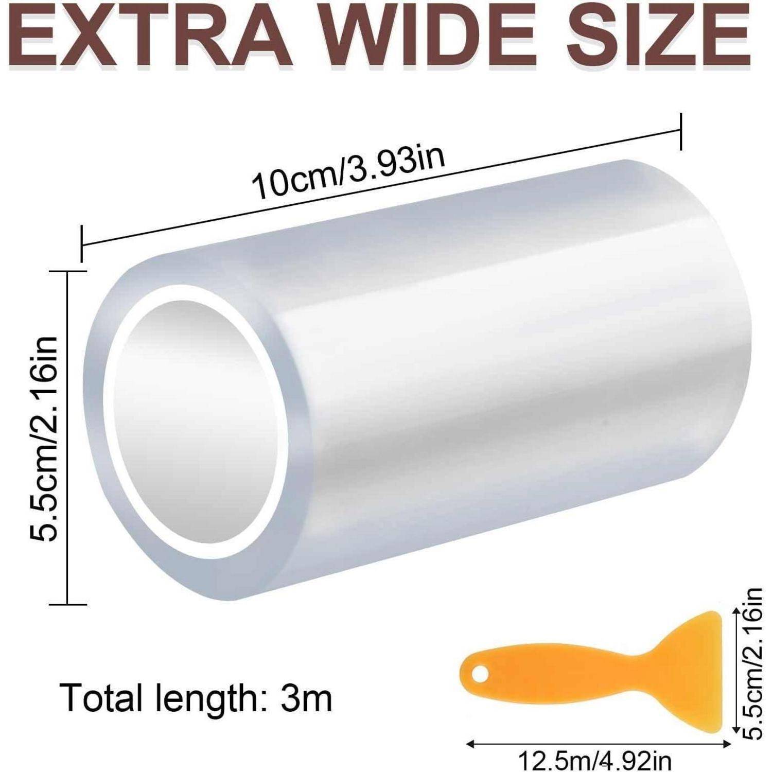 Diagramm einer extrabreiten Silikonrolle mit den Abmessungen 10 cm x 5,5 cm, Gesamtlänge 3 m und einem kleinen orangefarbenen Werkzeug mit der Beschriftung 12,5 m/4,92 Zoll.