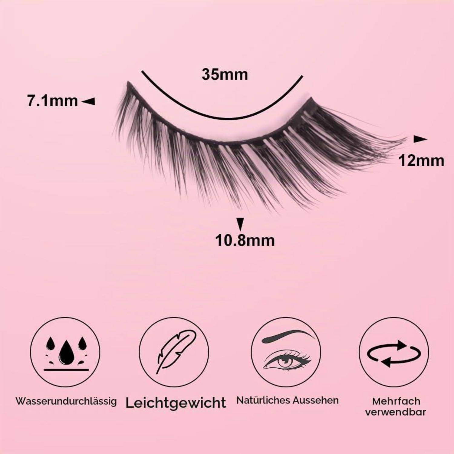 Illustration künstlicher Wimpern mit Messungen 35mm, 7,1mm, 10,8mm und 12mm; Symbole zeigen wasserfest, leicht, natürliches Aussehen und wiederverwendbar.