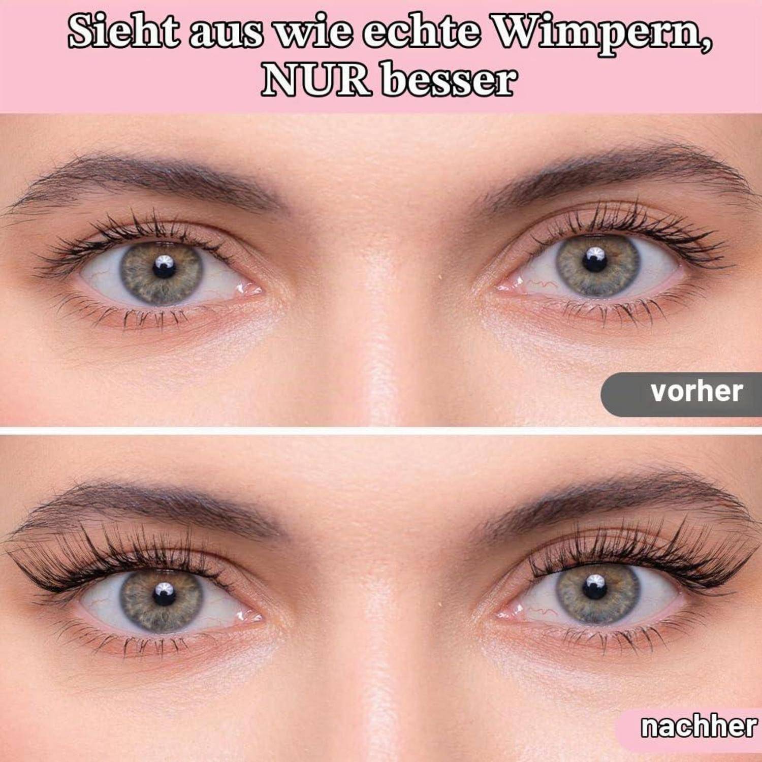 Vorher-und-Nachher-Nahaufnahme der Augen, die den Effekt von Mascara oder künstlichen Wimpern zeigt; oben mit „vorher