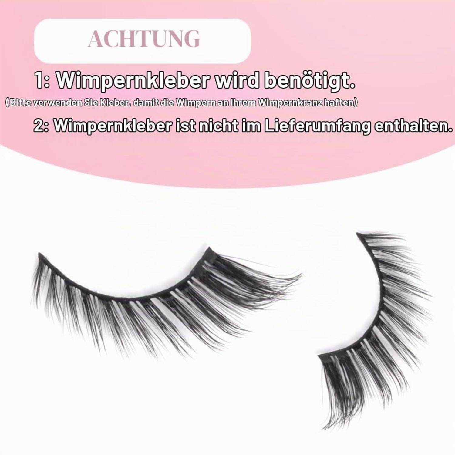 Deutschsprachige Warnung: Wimpernkleber ist erforderlich und nicht enthalten; Das Bild zeigt zwei künstliche Wimpern auf einem rosa-weißen Hintergrund.