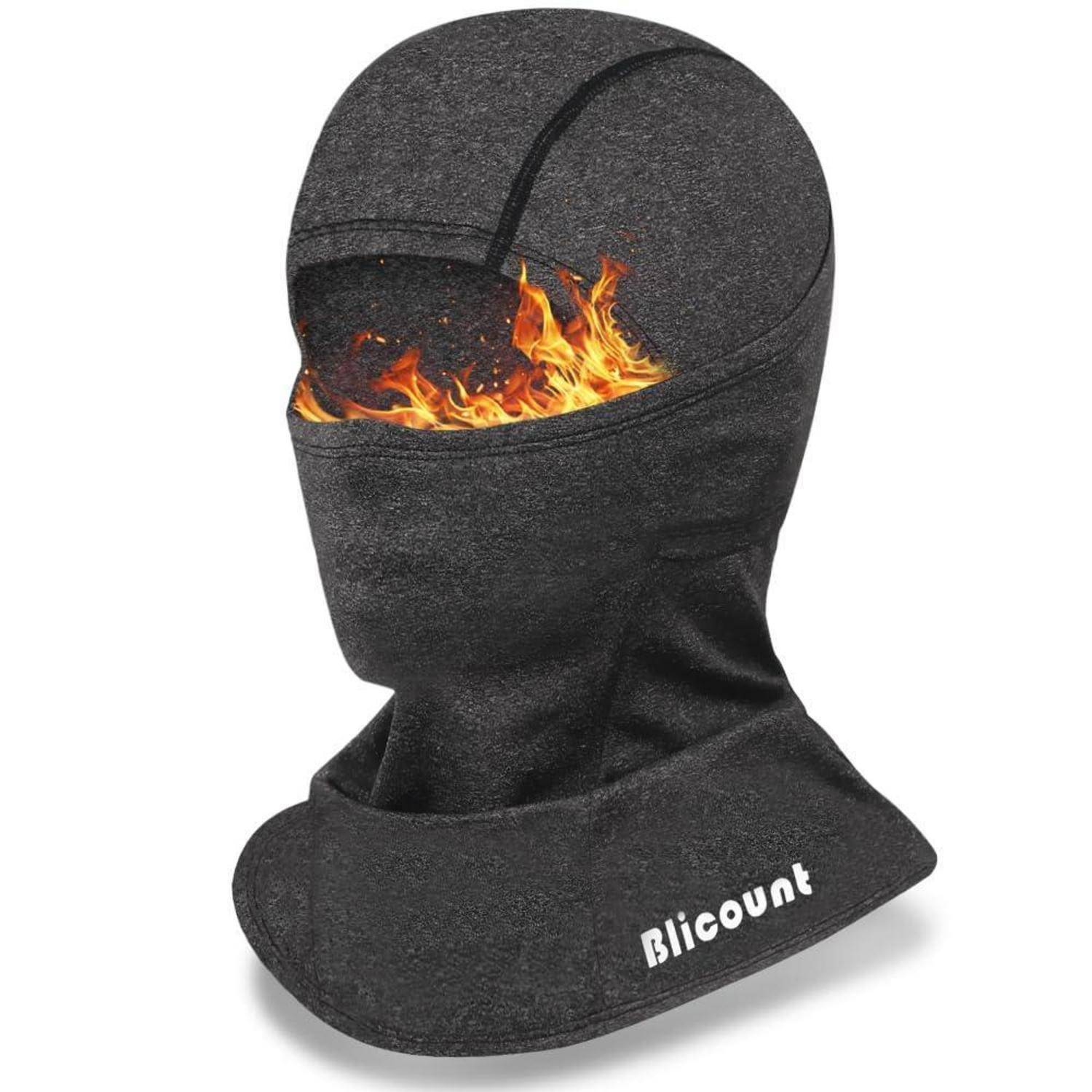 Schwarze, feuerbeständige Sturmhaube mit einer sichtbaren Flamme im Gesichtsbereich und dem Logo 