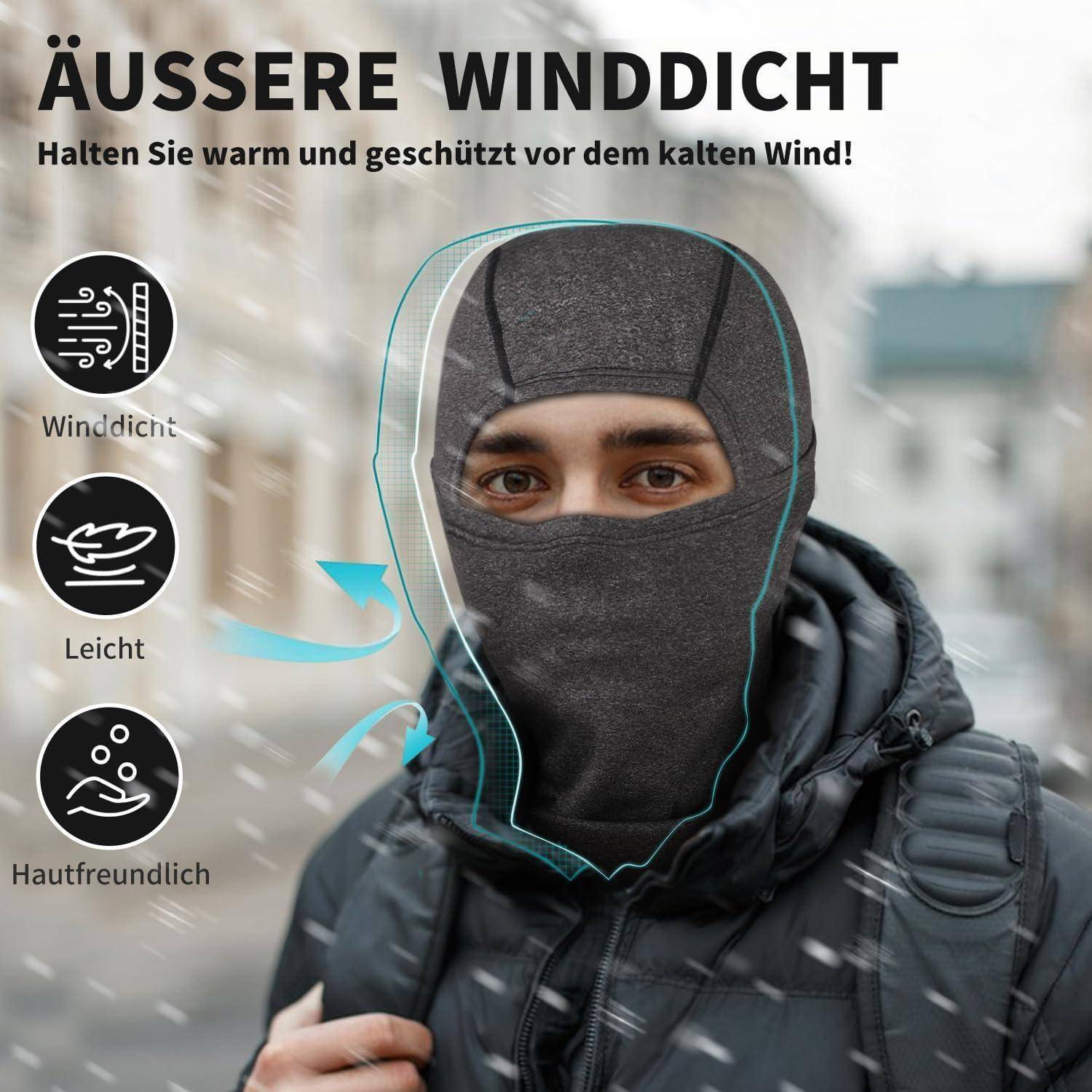 Werbebild einer Person in Winterausrüstung, die eine winddichte Sturmhaube trägt; deutscher Text sagt „AUSSERE WINDDICHT" und hebt winddichte, leichte, hautfreundliche Schutzfunktionen hervor.