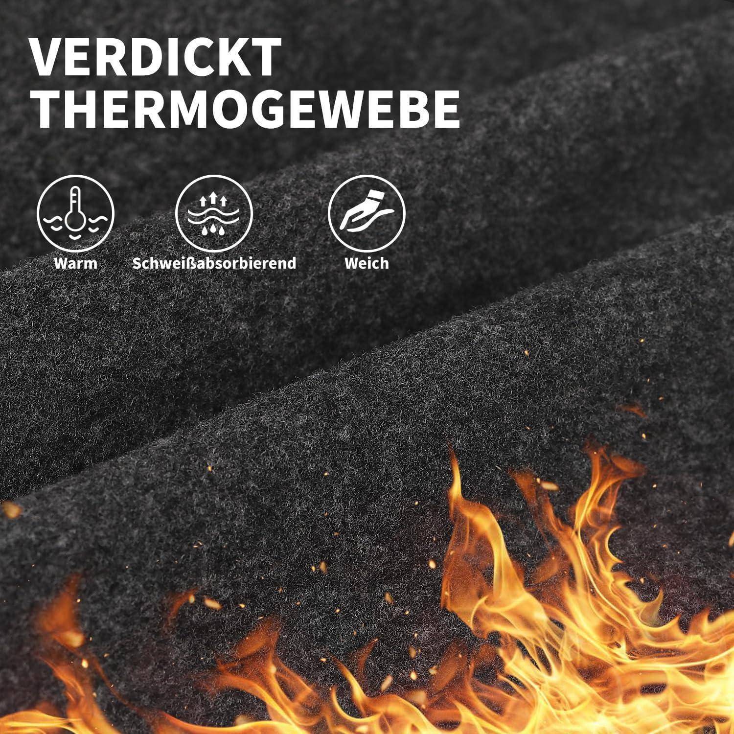 Werbebild aus schwarzem Thermostoff mit Flammen, gekennzeichnet mit „VERDICKT THERMOGEWEBE" und Symbolen für warm, schweißabsorbierend und weich.