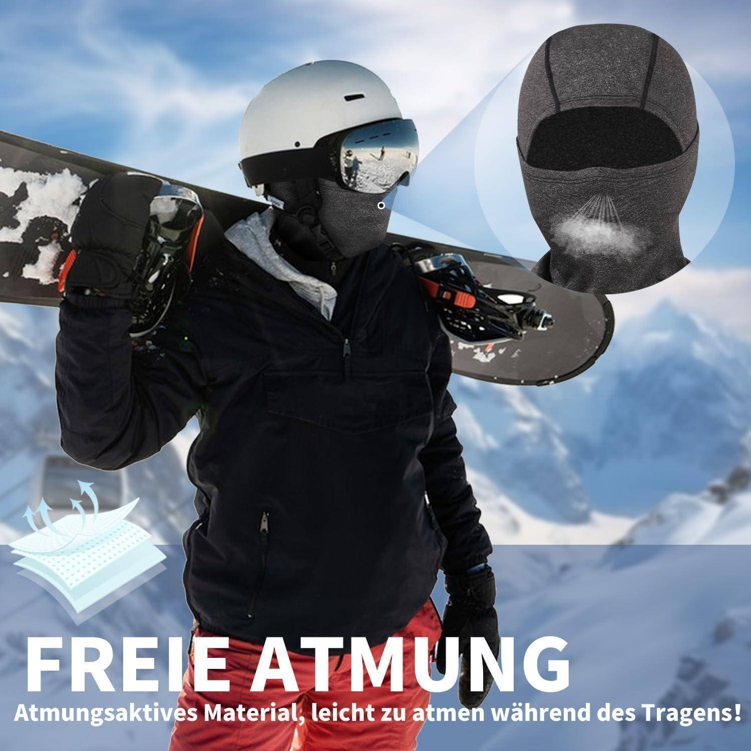 Snowboarder in schwarzer Jacke und weißem Helm hält ein Board auf einem verschneiten Berg; die Bildeinlage zeigt eine atmungsaktive Gesichtsmaske mit deutschem Text „FREIE ATMUNG" und „Atmungsaktives Material, leicht zu atmen während des Tragens"