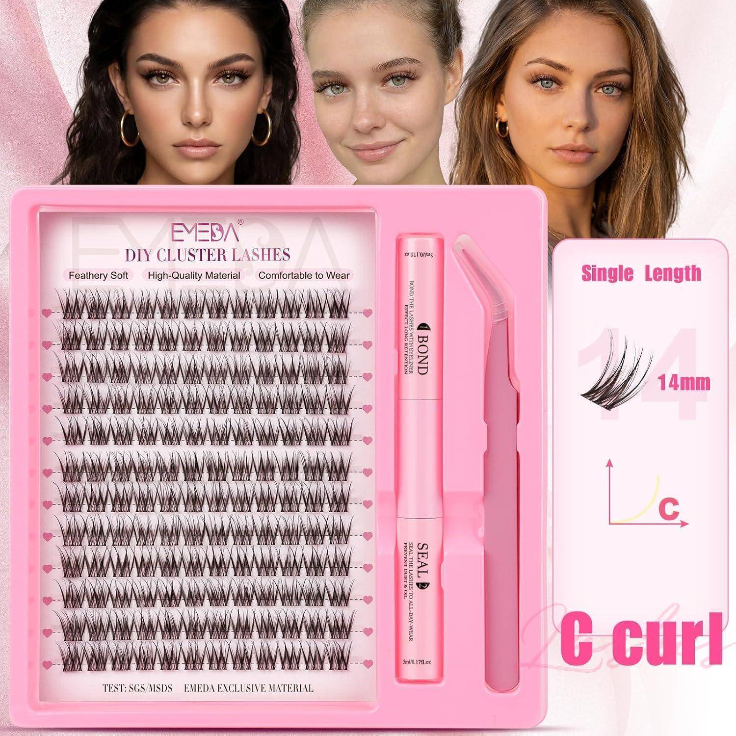 Kit für rosa Wimpernverlängerungen mit Cluster-Wimpern-Palette, Applikator-Pinzette, Leimtube und Etikett „Single Length 14mm C curl