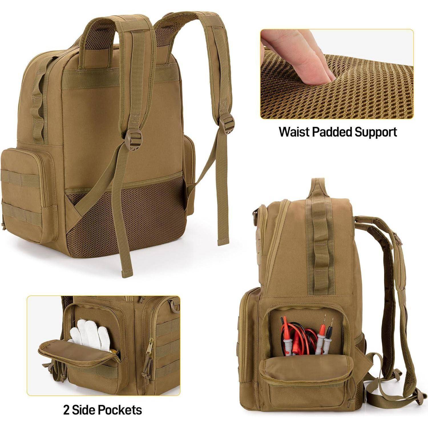 Taktischer Rucksack in Tan mit eingefügten Nahaufnahmen der gepolsterten Taillenunterstützung, Seitentaschen und einer vorderen Organizer-Tasche mit Werkzeugen.