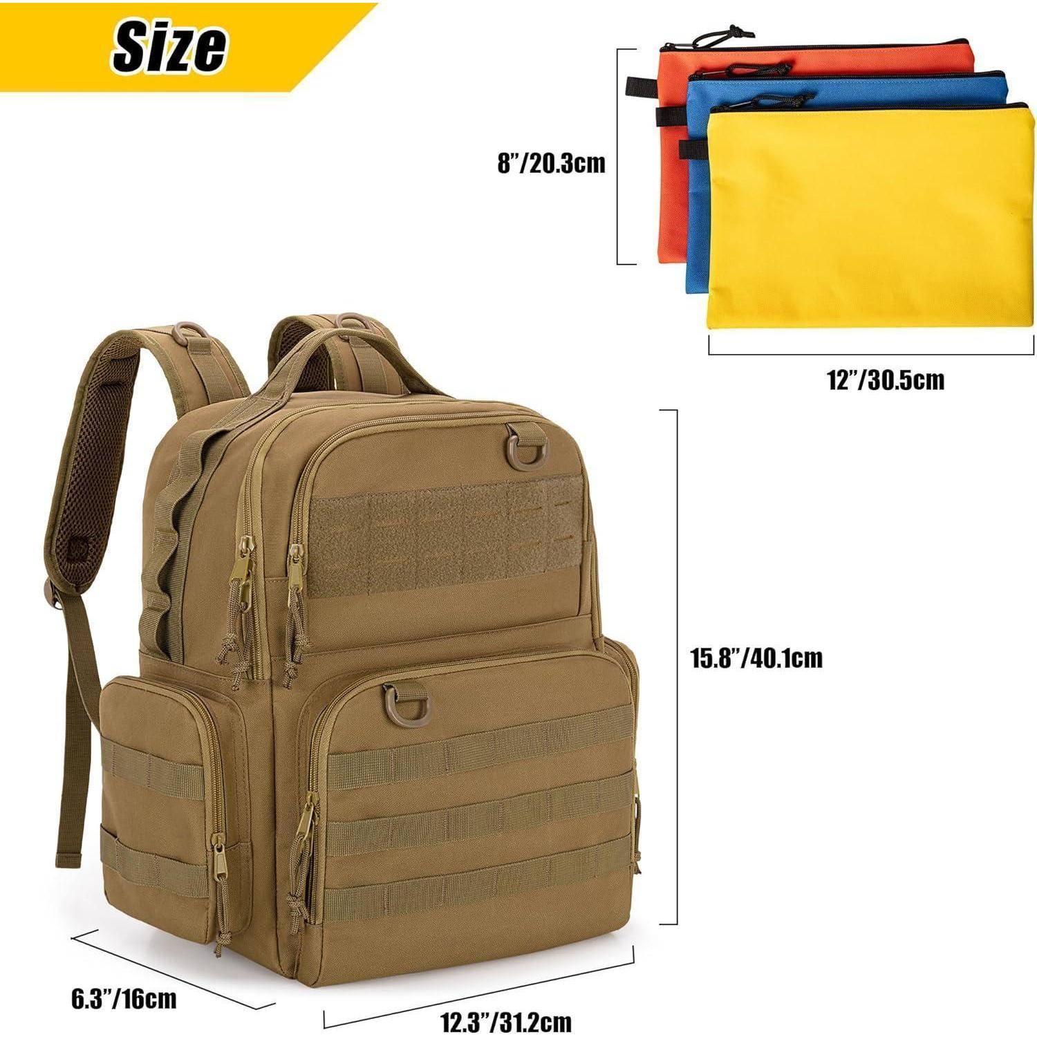 Beige taktischer Rucksack mit mehreren Reißverschlussfächern, gezeigt mit Größenetiketten: 15,8 Zoll hoch, 12,3 Zoll breit, 6,3 Zoll tief; passt für 12 x 8 Zoll Taschen.