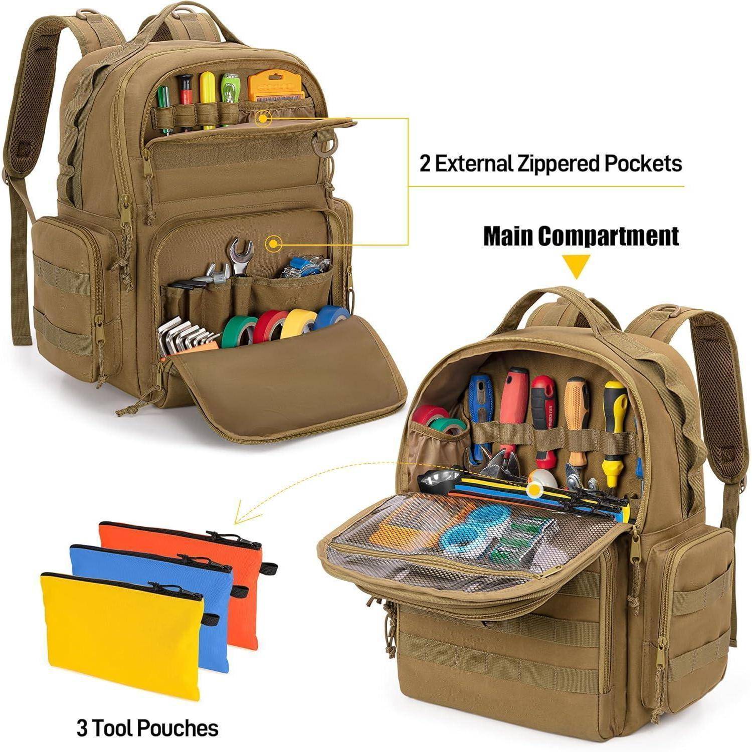 Taktischer Rucksack in Beige mit offenen Fächern, die organisierte Werkzeuge und Taschen zeigen, gekennzeichnet mit 2 externen Reißverschlusstaschen, Hauptfach und 3 Werkzeugtaschen.