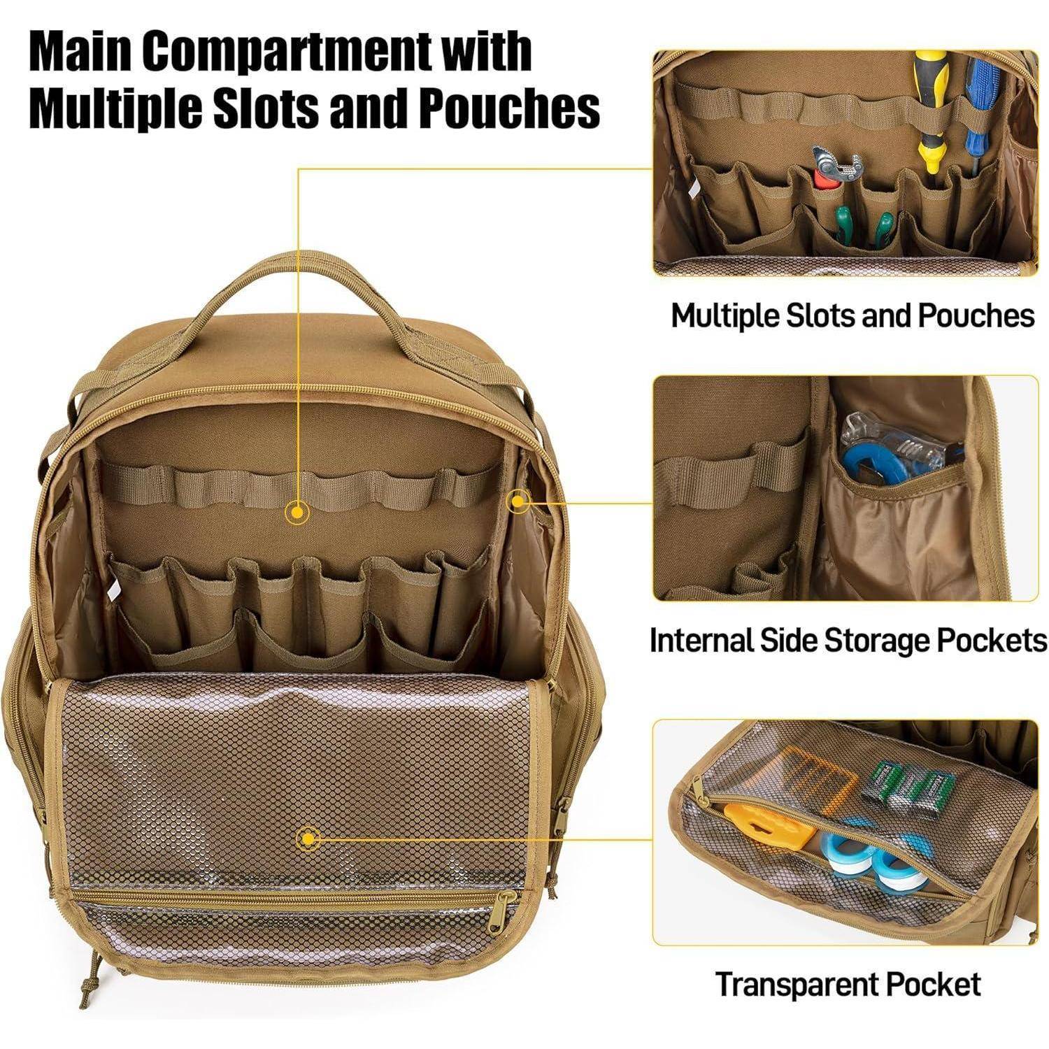 Brauner Organizer-Rucksack, offen, um das Hauptfach mit mehreren Fächern und Taschen, seitlichen Aufbewahrungstaschen und einer transparenten vorderen Tasche zu zeigen.