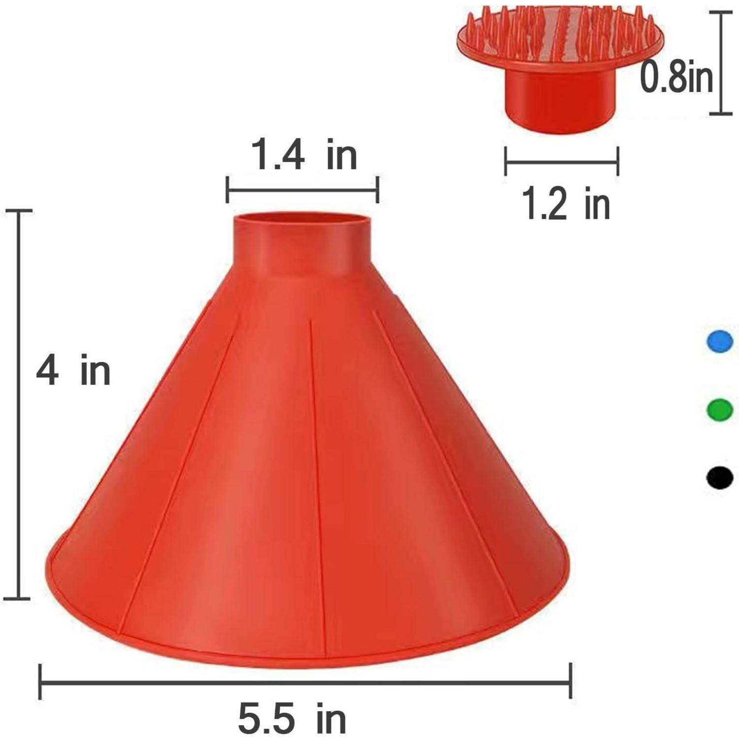 Roter Silikonrichter mit 5,5 Zoll Basis, 4 Zoll Höhe, 1,4 Zoll Öffnung oben und abnehmbarem Siebaufsatz 1,2 Zoll breit, 0,8 Zoll hoch.