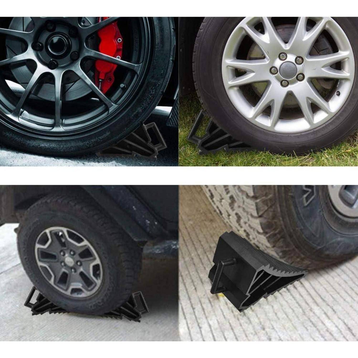 Vier Fotos zeigen einen robusten keilförmigen Radkeil unter geparkten Fahrzeugreifen, der verwendet wird, um ein Wegrollen auf verschiedenen Oberflächen zu verhindern.