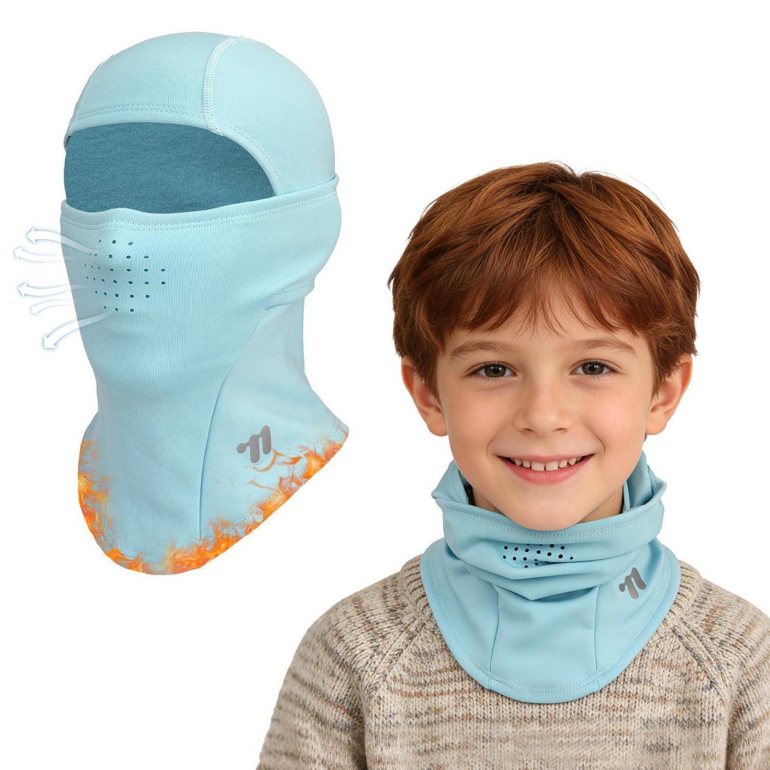 Junge mit einer hellblauen isolierten Gesichtsmaske/Halswärmer, gezeigt mit der Maske auch separat auf weißem Hintergrund abgebildet.