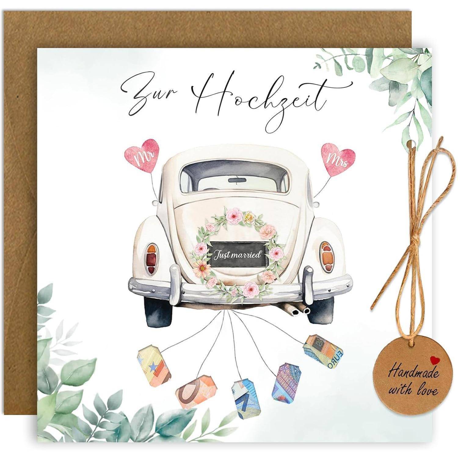 Hochzeitskarte mit einem Vintage-Auto und Blumenkranz, deutscher Text „Zur Hochzeit