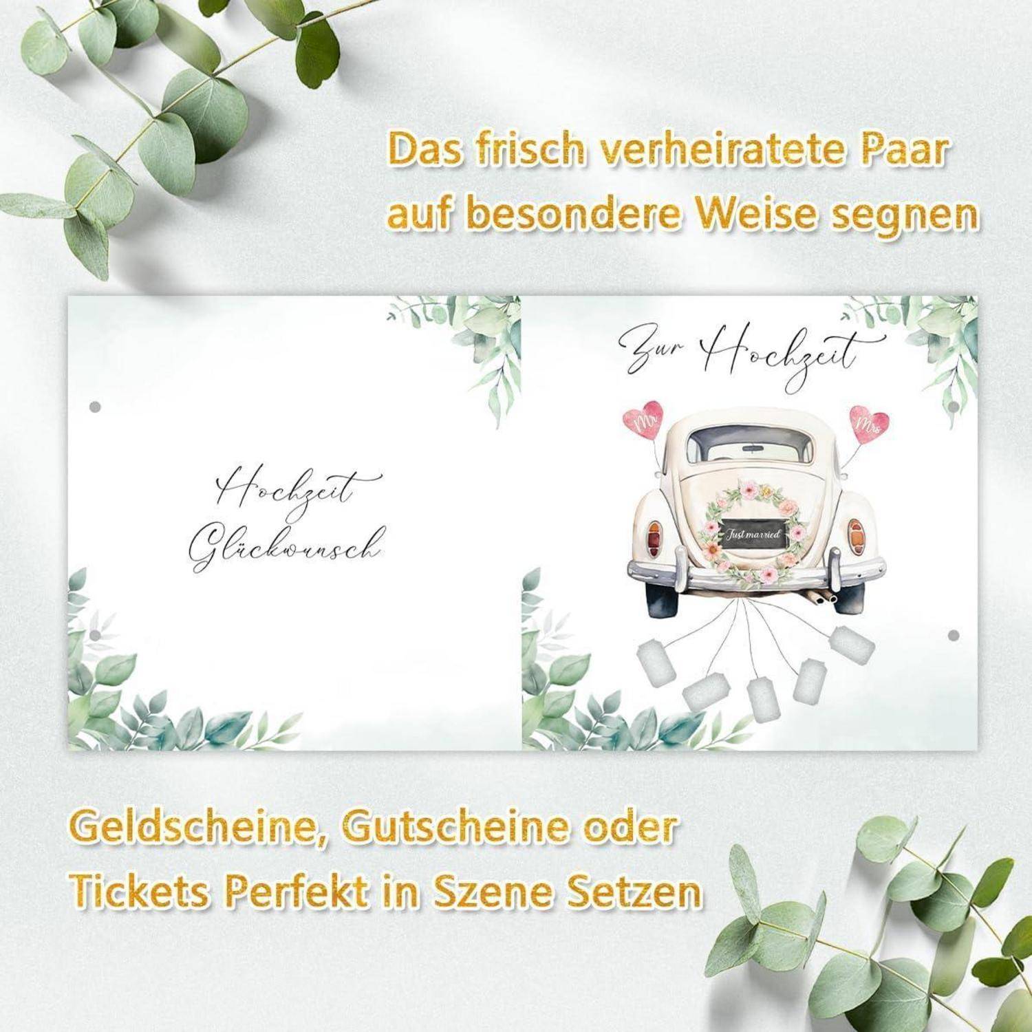 Hochzeitskarte mit 'Hochzeit' und 'Zur Hochzeit' Text, illustriertes Auto mit Geschenken, fördert kreative Präsentation von Bargeld, Gutscheinen oder Tickets.