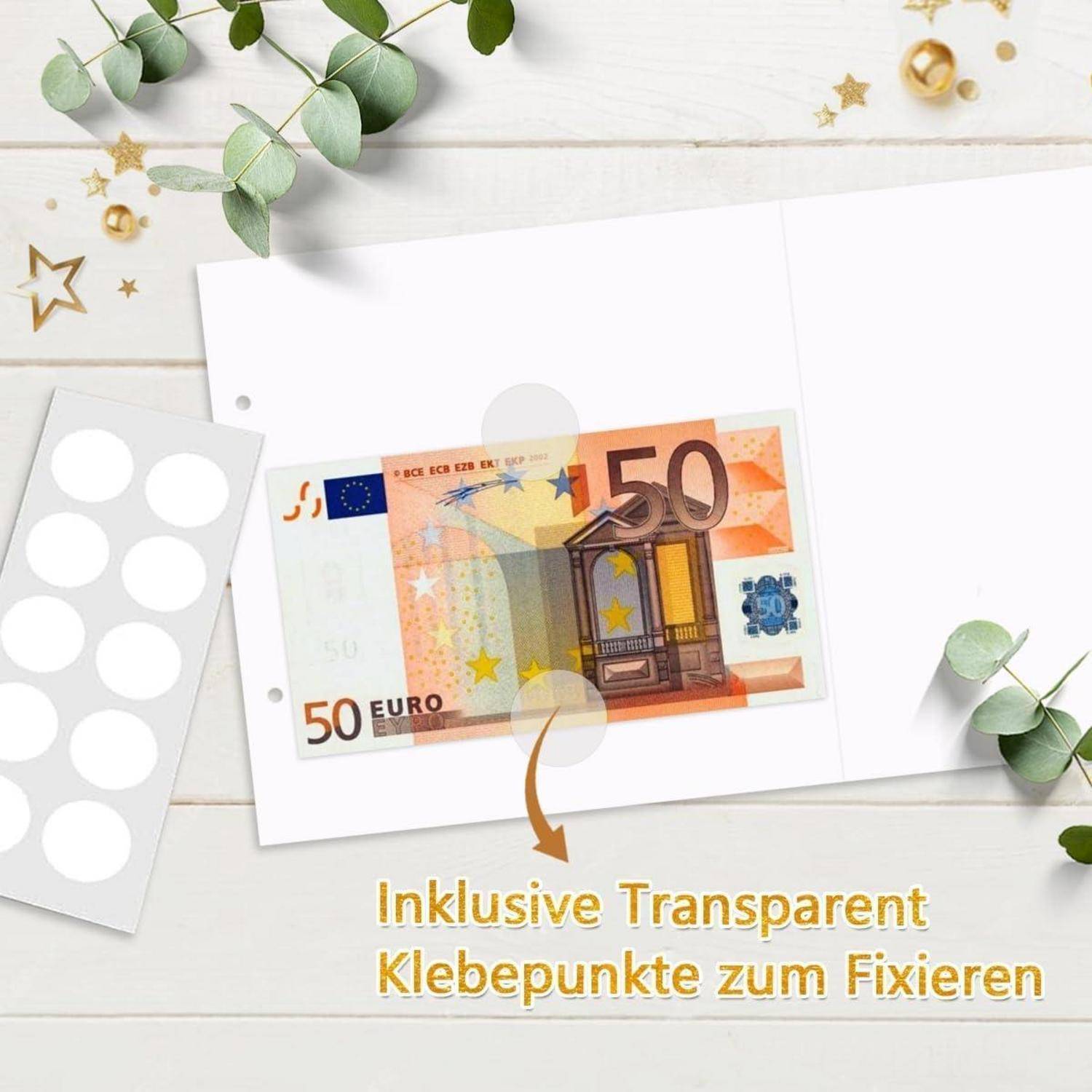 50-Euro-Schein auf einer weißen Karte neben transparenten Klebepunkt-Folien abgebildet, mit deutschem Text „Inklusive Transparent Klebepunkte zum Fixieren