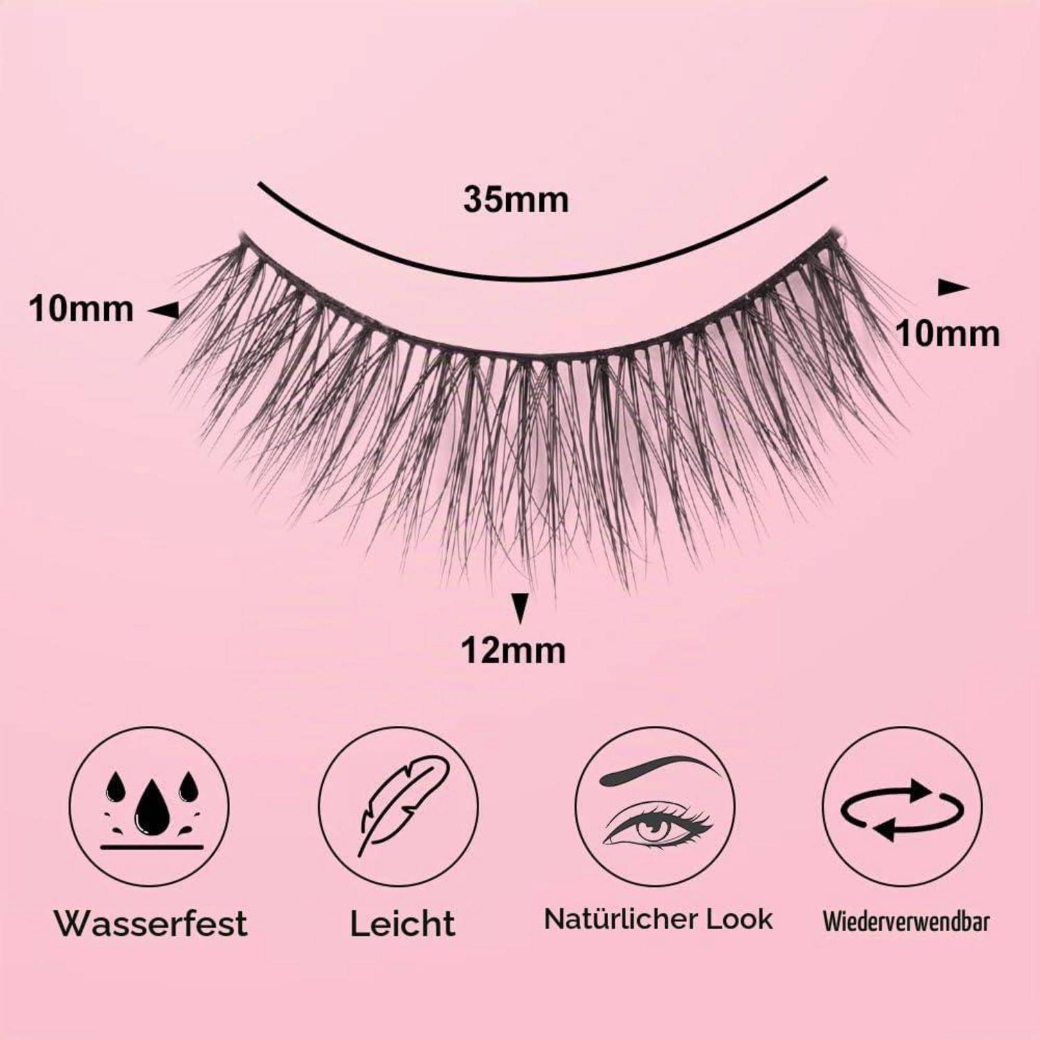 Falsche Wimpern auf rosa Hintergrund mit Beschriftung 35 mm breit, 10 mm Seiten, 12 mm Mitte, mit Symbolen für wasserfest, leicht, natürliches Aussehen und wiederverwendbar.