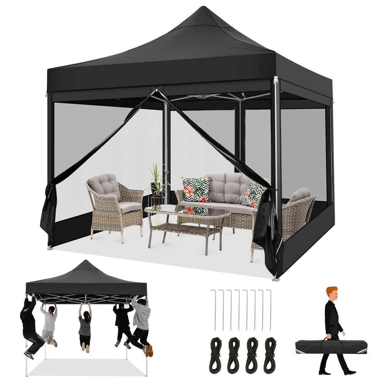 Schwarzes Pop-up-Pavillon mit Mesh-Seitenwänden, gezeigt mit Korbgeflecht-Terrassenmöbeln, Menschen beim Zusammenbau und mitgelieferten Heringen und Befestigungsgurten.