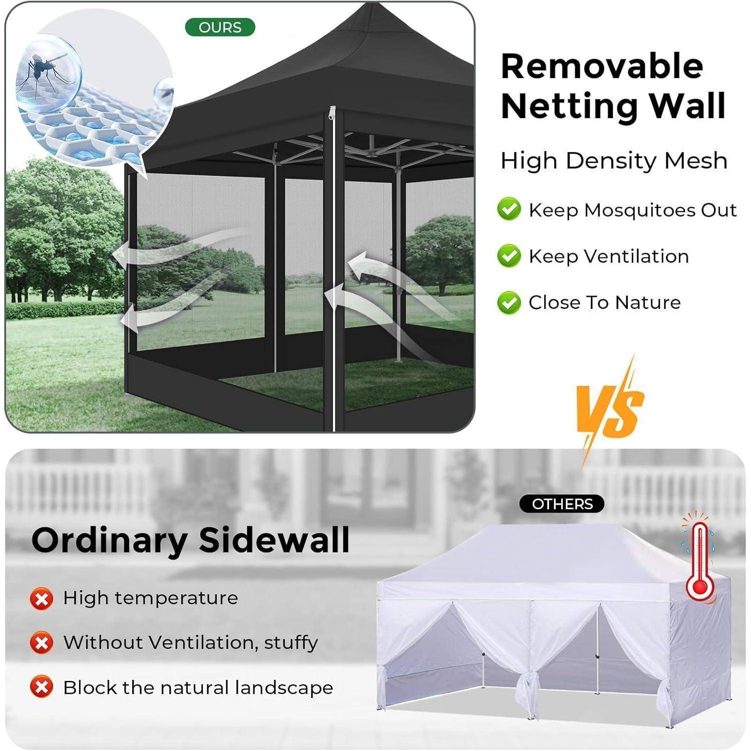 Vergleichsgrafik, die einen Pavillon mit einer abnehmbaren Netzwand mit der Bezeichnung „UNSERE" im Vergleich zu einer gewöhnlichen Seitenwand mit der Bezeichnung „ANDERE"" zeigt; behauptet Mückenschutz und Belüftung im Vergleich zu Hitze und fehlender Belüftung.
