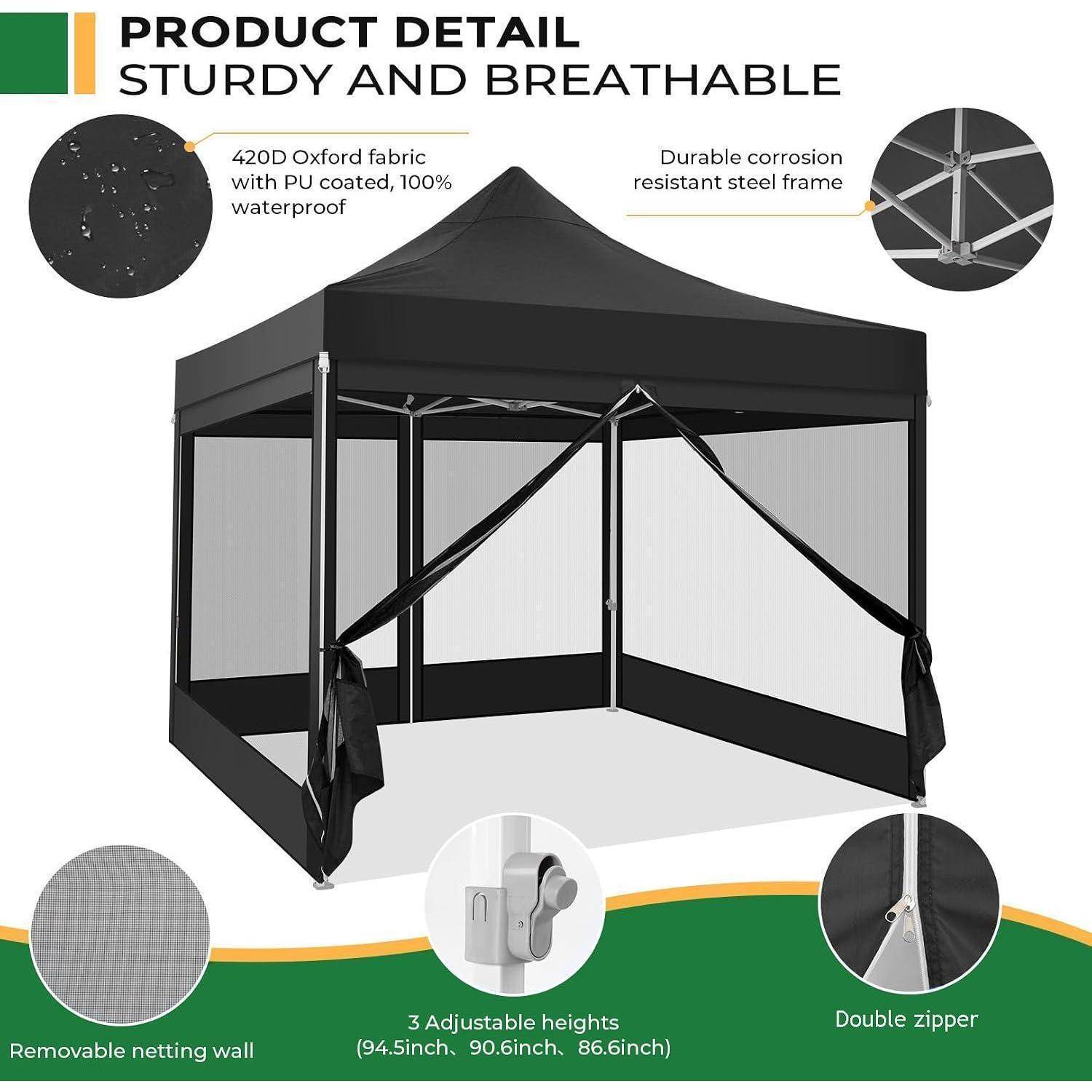 Produktdetailbild eines schwarzen Pop-Up-Pavillon-Zelts mit Mesh-Seitenwänden, das 420D wasserfestes Gewebe, Stahlrahmen, verstellbare Höhen und doppelte Reißverschlüsse zeigt.