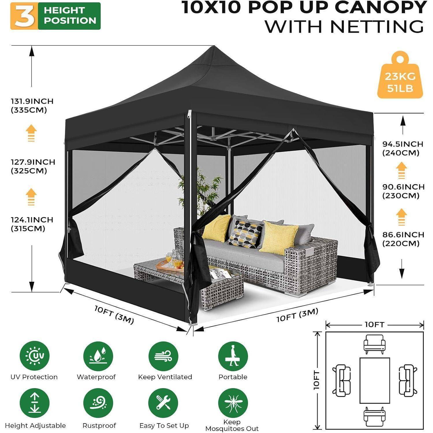 Produktdiagramm eines 10x10 schwarzen Pop-Up-Zelts mit Netzanschluss, das drei Höheneinstellungen, 23 kg Gewicht, Abmessungen und Funktionssymbole für UV-Schutz, Wasserdichtigkeit, Belüftung, Portabilität, einfache Montage, Rostschutz und Insektenschutz zeigt.
