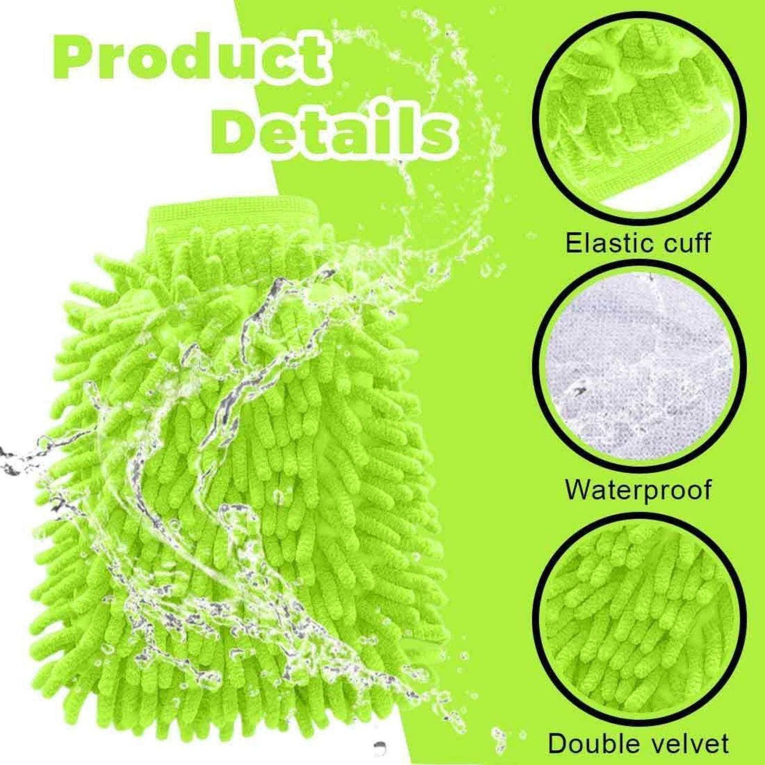 Produktdetails einer neongrünen Mikrofaser-Mopabdeckung mit elastischer Manschette, wasserdichtem Material und doppelter Samtstruktur.