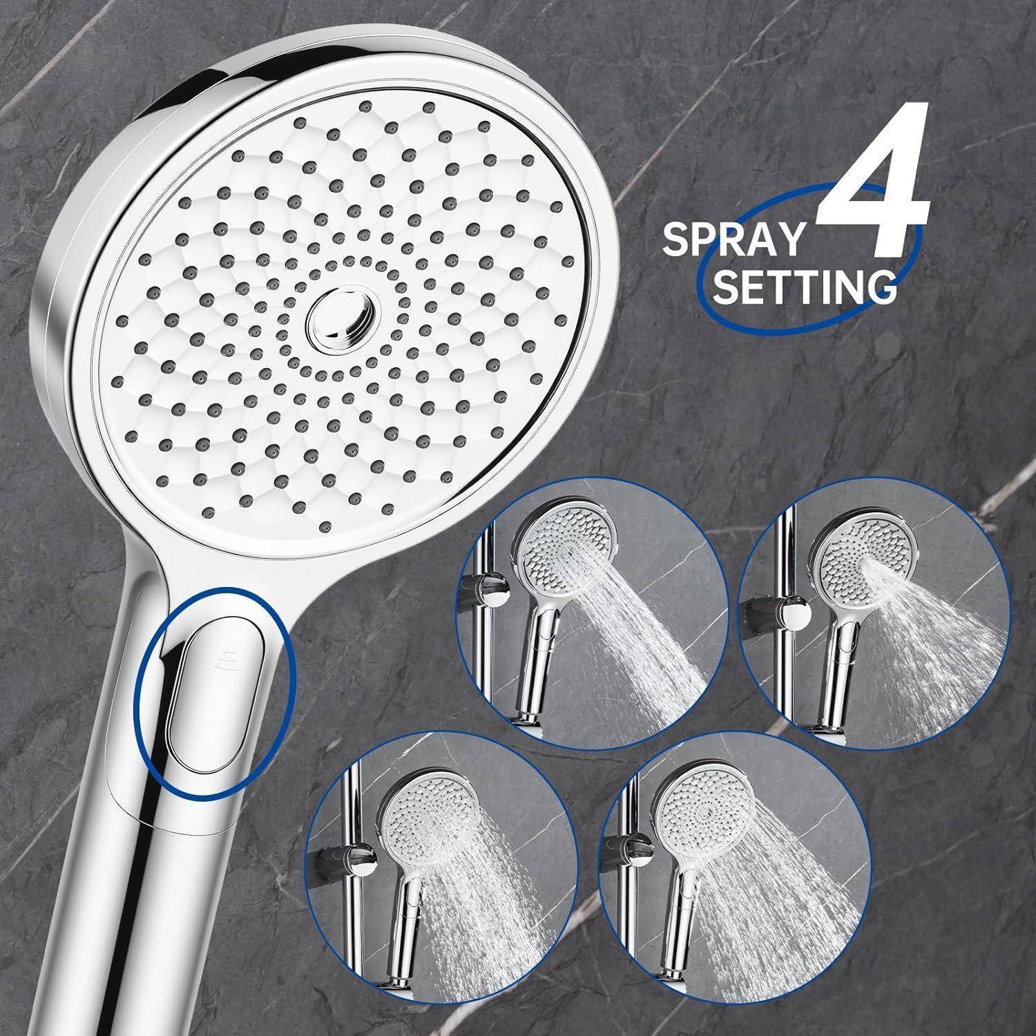 Handbrause mit vier Sprüheinstellungen, gezeigt mit vier eingefügten Wasserflussbeispielen und Text „SPRAY 4 SETTING