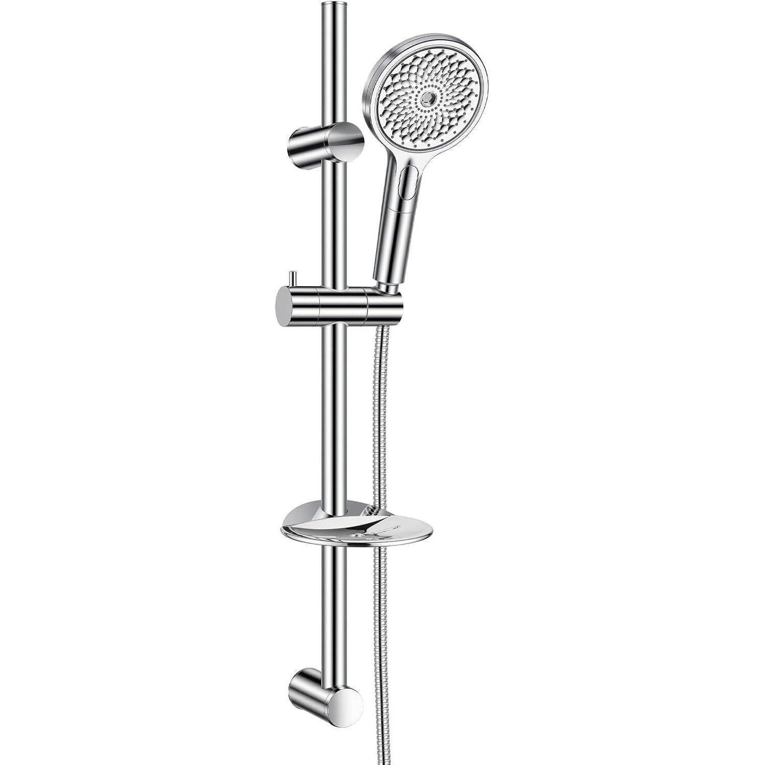 Verchromtes Duschschienensystem mit Handbrause, verstellbarem Halter, Schlauch und Seifenschale an einer vertikalen Stange.