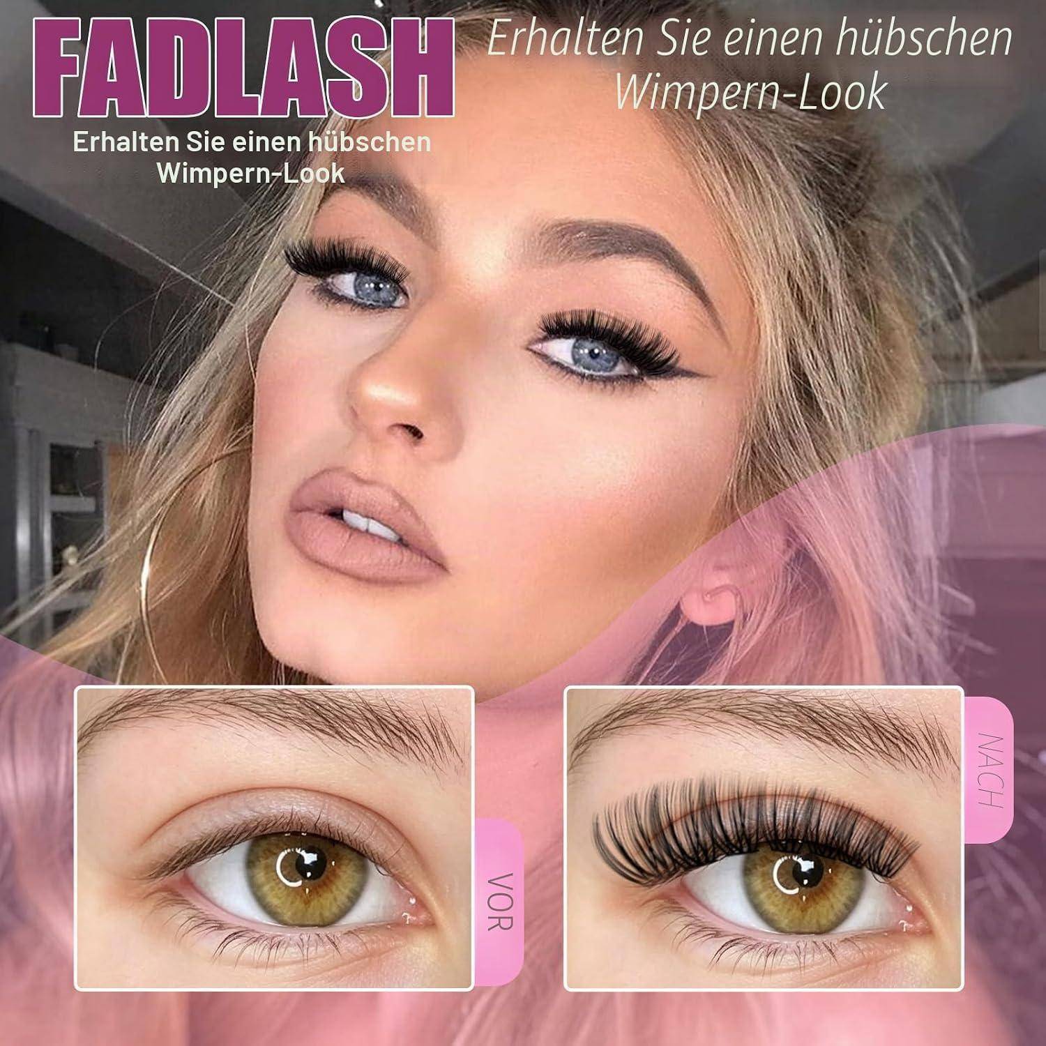 FADLASH-Anzeige, die eine Frau mit dramatischen künstlichen Wimpern und Nahaufnahmen der Augen vor und nach der Anwendung zeigt, um einen 