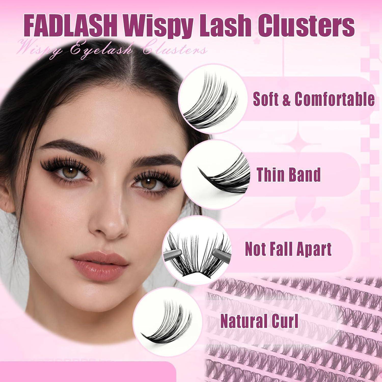 Werbebild für FADLASH Wispy Lash Clusters zeigt ein Model mit künstlichen Wimpern und hebt folgende Merkmale hervor: weich und bequem, dünnes Band, zerfällt nicht, natürliche Wölbung.