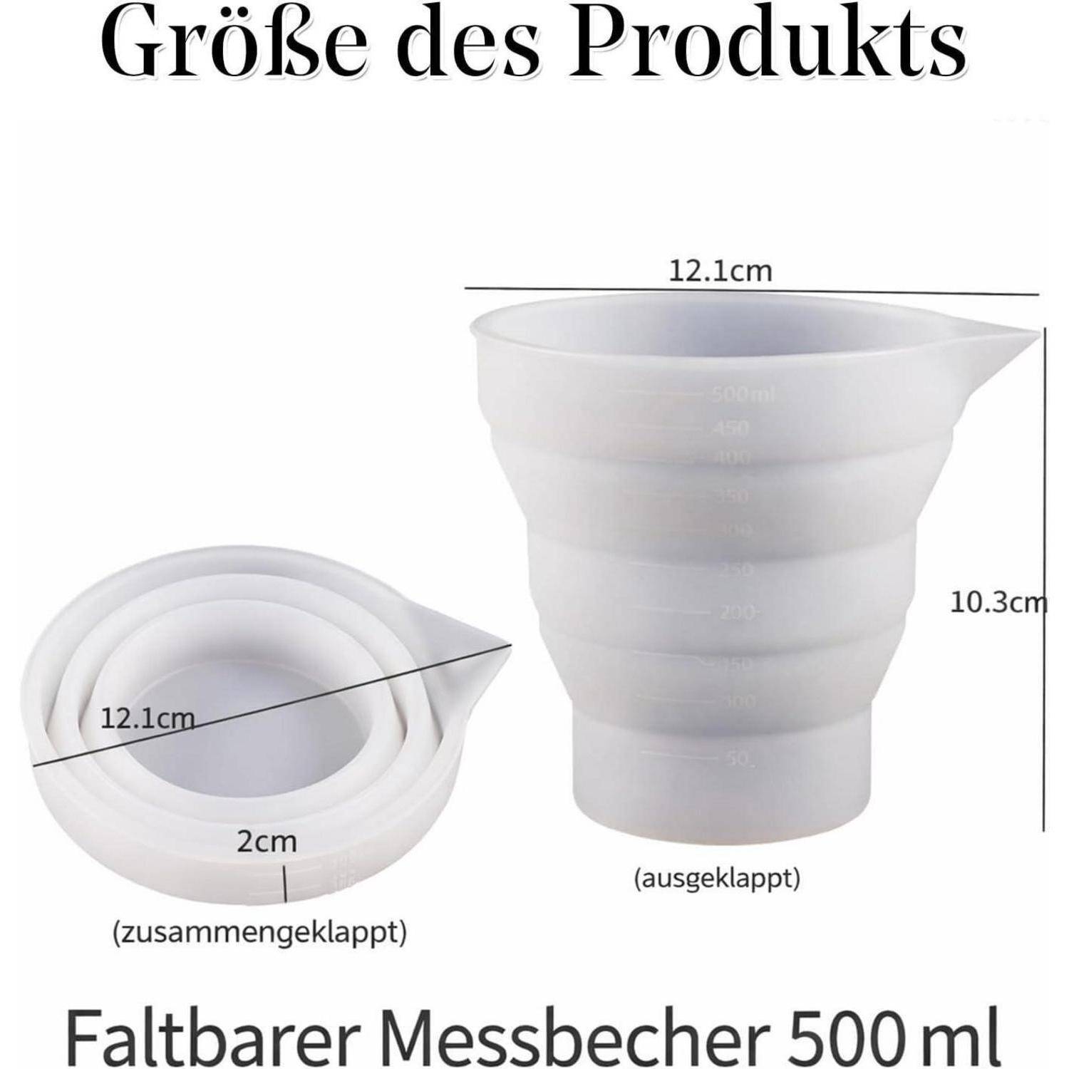 Produktgrößen-Diagramm für einen faltbaren 500-ml-Mesbecher mit eingeklappter und ausgeklappter Ansicht mit Abmessungen von 12,1 cm Breite und 10,3 cm Höhe.