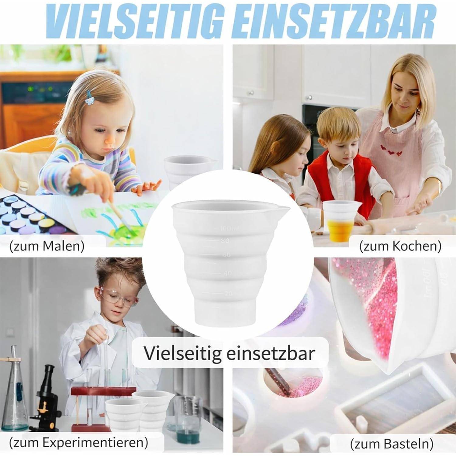 Werbekollage einer weißen Tasse, die als vielseitig einsetzbar gezeigt wird, mit deutschem Text „VIELSEITIG EINSETZBAR
