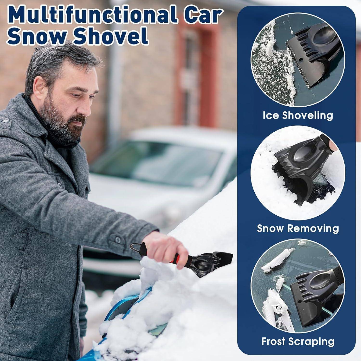 Ein Mann benutzt eine multifunktionale Auto-Schneeschaufel, um Schnee von einem Fahrzeug zu entfernen, mit eingefügten Etiketten, die Eiskratzen, Schneeräumung und Reifkratzen zeigen.