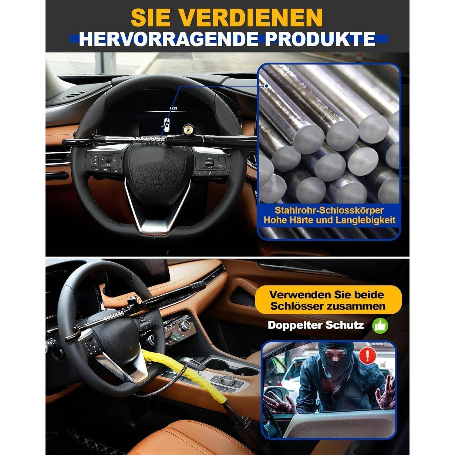 Stahlstangen-Lenkradsperren in deutscher Anzeige: Eine stahlverstärkte Sperrstange blockiert das Lenkrad eines Autos, mit eingefügter Nahaufnahme der Schlosszylinder und Text, der doppelten Schutz bewirbt.