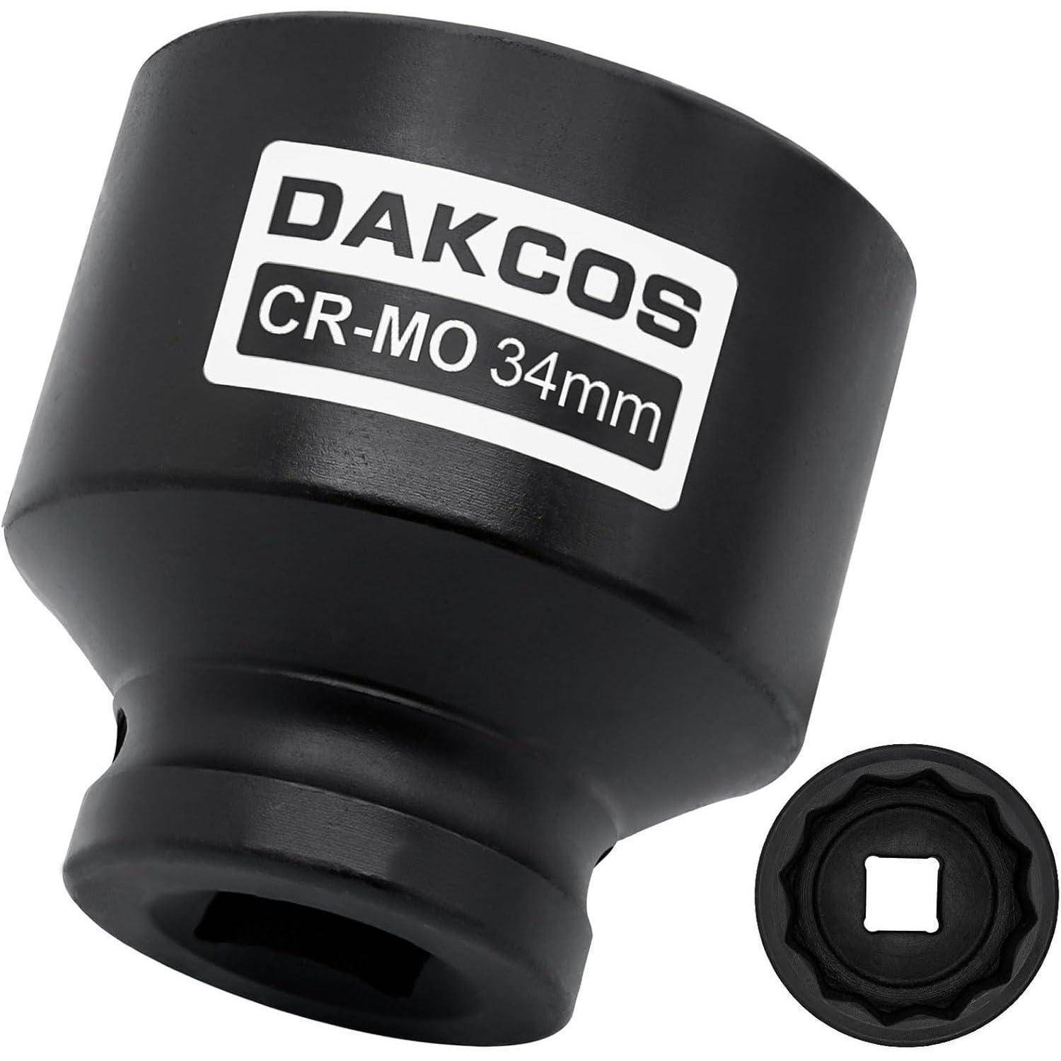 Schwarze DAKCOS CR-MO 34mm Stecknuss, gezeigt mit seiner Vierkantantrieb-Endansicht auf weißem Hintergrund.