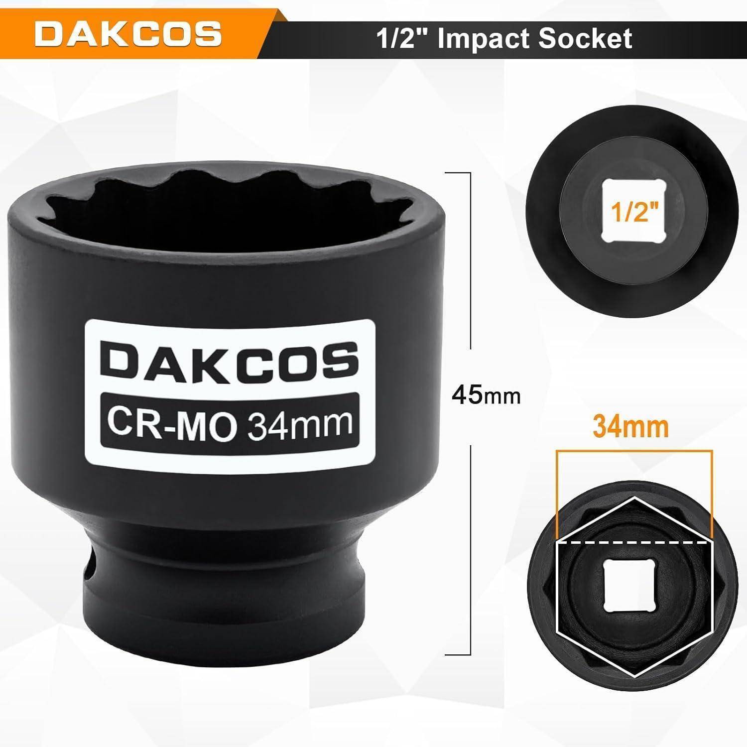 DAKCOS 1/2-Zoll-Schlagschraubereinsatz, CR-MO, 34 mm, 45 mm Höhe, mit Stecknuss-Öffnung und Vierkantantrieb in detaillierter Darstellung.